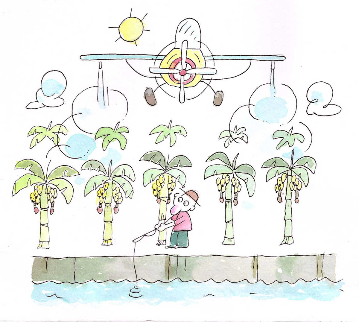 Desenho ilustra avião jogando veneno sobre uma plantação de bananas