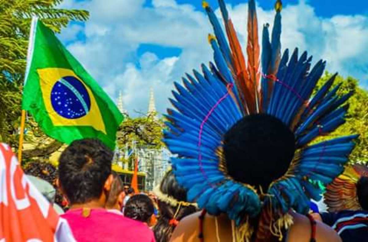 Manifestação com um indígena de costas e outro participante segurando a bandeira do Brasil