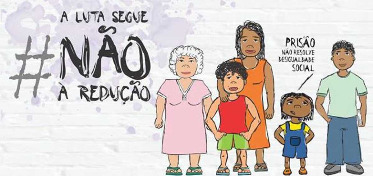 Ilustração mostra uma idosa, uma adulta e três crianças com uma parede ao fundo e os dizeres 