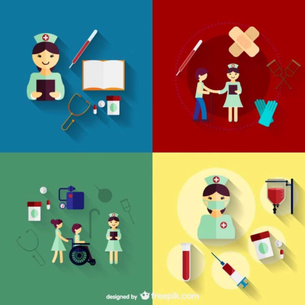 Diversos ícones de profissionais de Enfermagem e elementos do trabalho nessa área, como estetoscópio, seringa, esparadrapo e bolsa de sangue, além de situações de atendimento